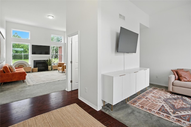27245 Ritter Blvd, Flat Rock, MI 48134 - living room featuring dark wood-type flooring, a glass covered fireplace, and a towering ceiling