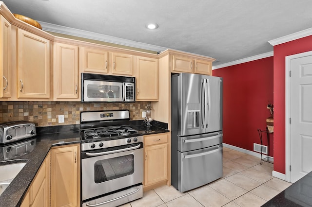 16069 Grazenview St, Schoolcraft, MI 49087 - kitchen featuring appliances with stainless steel finishes, light brown cabinets, ornamental molding, and light tile patterned floors
