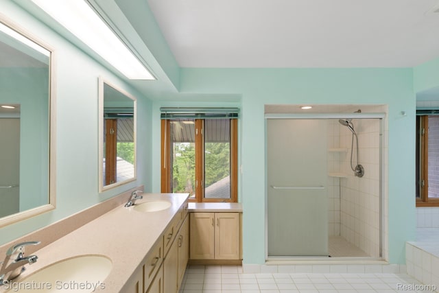 26311 W 14 Mile Rd, Franklin, MI 48025 - bathroom with a stall shower, double vanity, and tile patterned flooring