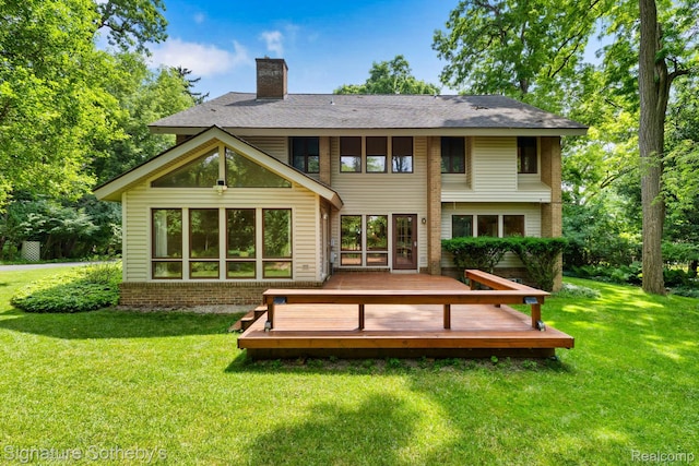 26311 W 14 Mile Rd, Franklin, MI 48025 - rear view of house with a chimney, a deck, and a lawn