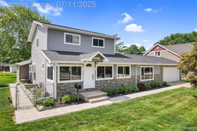 22222 Evergreen St, Macomb, MI 48082 - view of front of home with a garage, a gate, stone siding, and a shingled roof