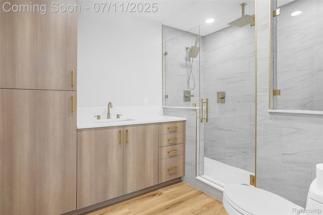 22222 Evergreen St, Macomb, MI 48082 - bathroom with a marble finish shower, vanity, wood finished floors, and recessed lighting
