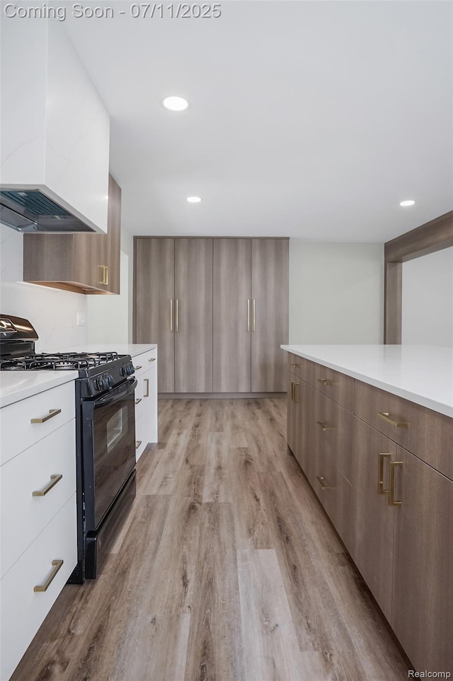 22222 Evergreen St, Macomb, MI 48082 - kitchen with black gas range oven, modern cabinets, light wood-style floors, extractor fan, and light countertops