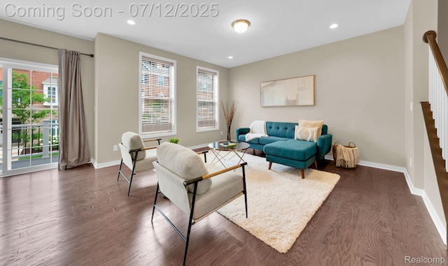 2825 Ridington Rd, Ann Arbor, MI 48105 - living area with stairs, dark wood-style floors, and recessed lighting
