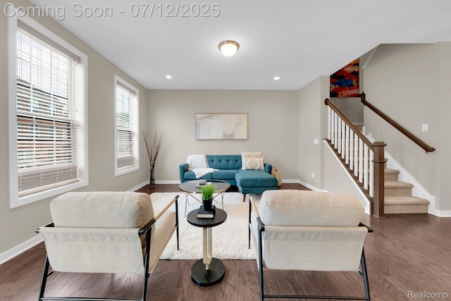 2825 Ridington Rd, Ann Arbor, MI 48105 - living area featuring stairway, dark wood-type flooring, and recessed lighting