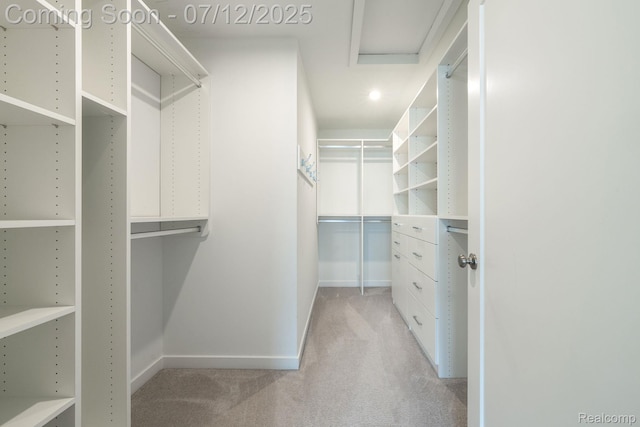 2825 Ridington Rd, Ann Arbor, MI 48105 - walk in closet featuring light carpet and attic access
