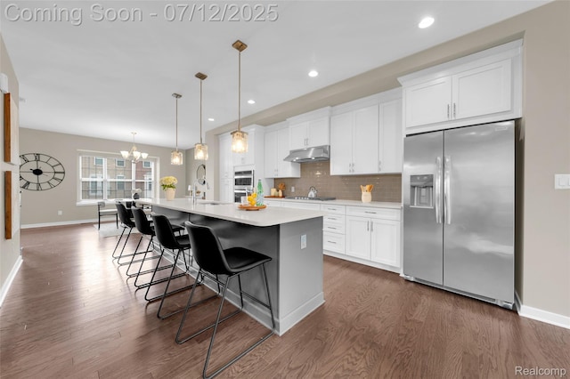 2825 Ridington Rd, Ann Arbor, MI 48105 - kitchen with stainless steel appliances, under cabinet range hood, dark wood-type flooring, a kitchen island with sink, and recessed lighting