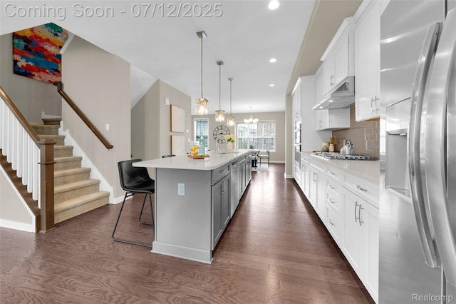 2825 Ridington Rd, Ann Arbor, MI 48105 - kitchen featuring stainless steel appliances, under cabinet range hood, dark wood-style flooring, light countertops, and recessed lighting
