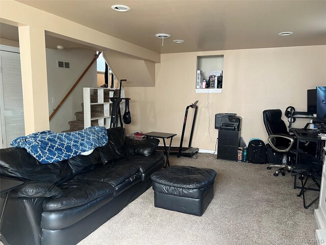 33158 Shawnee St, Westland, MI 48185 - carpeted living area featuring stairway and recessed lighting