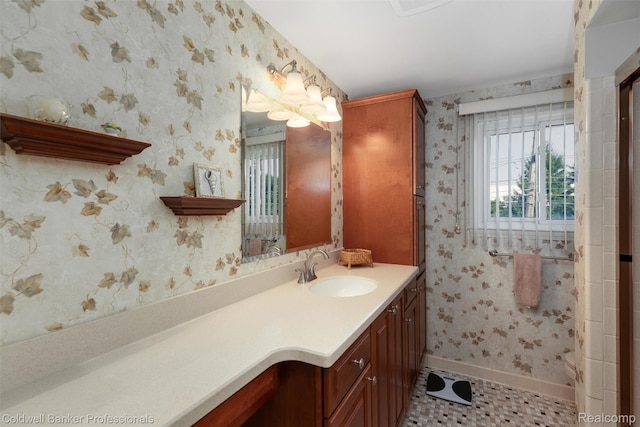 21600 Eastbrook Ct, Grosse Pointe Woods, MI 48236 - full bathroom with vanity, wallpapered walls, and tile patterned flooring