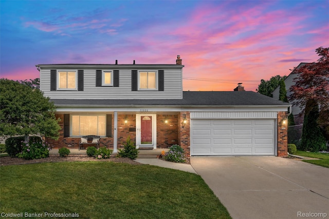 21600 Eastbrook Ct, Grosse Pointe Woods, MI 48236 - traditional-style house featuring covered porch, brick siding, an attached garage, and driveway