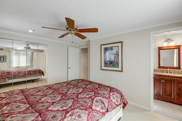 21600 Eastbrook Ct, Grosse Pointe Woods, MI 48236 - bedroom featuring a closet, ornamental molding, light colored carpet, ceiling fan, and ensuite bathroom