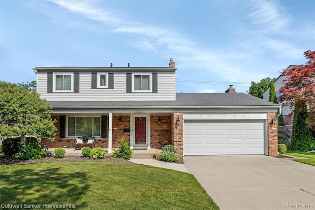 21600 Eastbrook Ct, Grosse Pointe Woods, MI 48236 - traditional-style home featuring a porch, brick siding, an attached garage, and concrete driveway