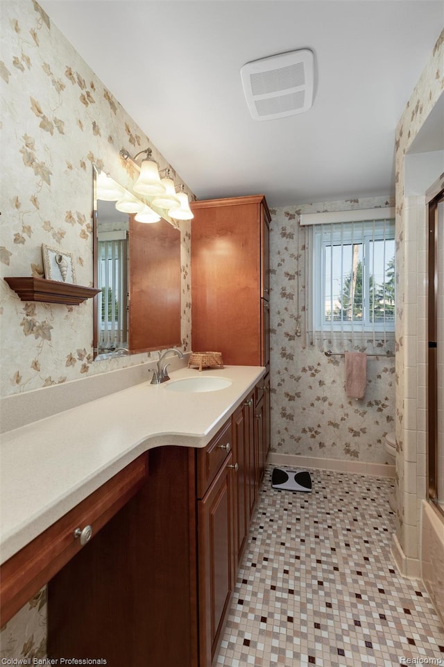 21600 Eastbrook Ct, Grosse Pointe Woods, MI 48236 - bathroom featuring wallpapered walls, vanity, a shower, and a bath