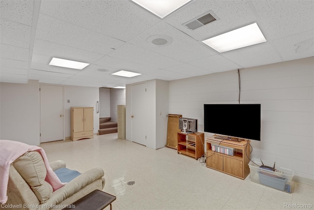 21600 Eastbrook Ct, Grosse Pointe Woods, MI 48236 - living room featuring a paneled ceiling, stairway, and tile patterned floors