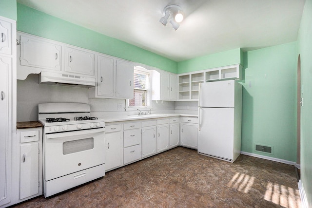 932 Parker Ave, Kalamazoo, MI 49008 - kitchen with white appliances, under cabinet range hood, white cabinets, and open shelves