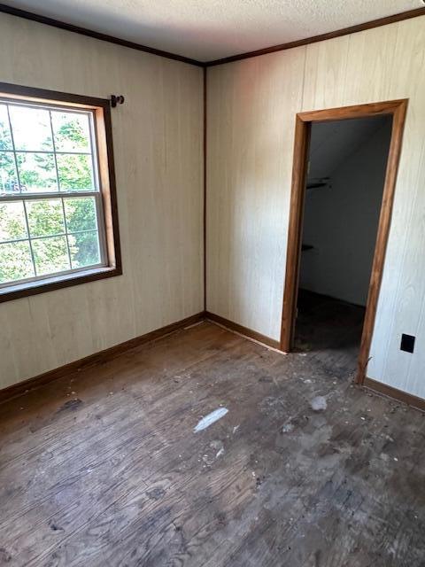 1675 E 8th St, White Cloud, MI 49349 - unfurnished room with a textured ceiling, wood walls, and crown molding