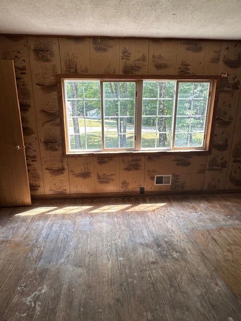 1675 E 8th St, White Cloud, MI 49349 - spare room featuring hardwood / wood-style floors, healthy amount of natural light, a textured ceiling, and wood walls