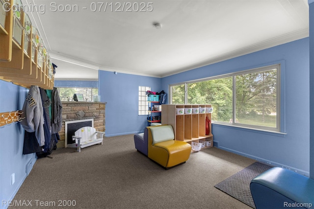 27055 Ann Arbor Trl, Dearborn Heights, MI 48127 - sitting room with ornamental molding, carpet flooring, and a fireplace