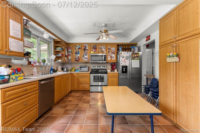 27055 Ann Arbor Trl, Dearborn Heights, MI 48127 - kitchen with appliances with stainless steel finishes, open shelves, tile patterned floors, and ceiling fan