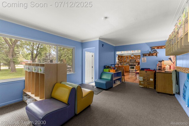 27055 Ann Arbor Trl, Dearborn Heights, MI 48127 - living room featuring carpet floors and ornamental molding