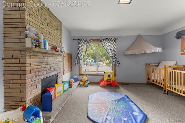 27055 Ann Arbor Trl, Dearborn Heights, MI 48127 - carpeted bedroom with a fireplace, a nursery area, and brick wall