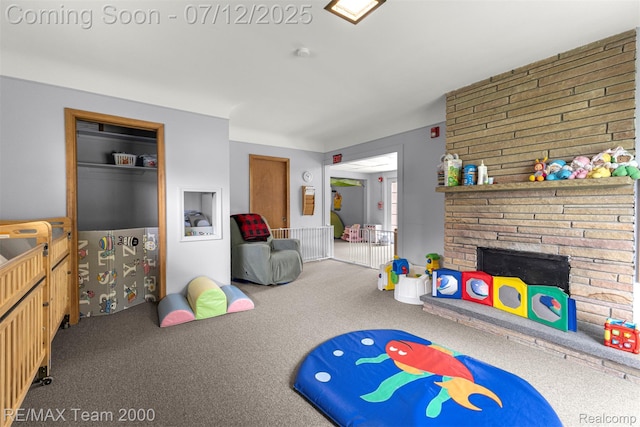 27055 Ann Arbor Trl, Dearborn Heights, MI 48127 - rec room with carpet flooring and a large fireplace