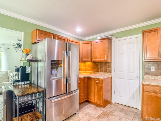1454 Stephens Ave, Flint, MI 48507 - kitchen featuring stainless steel refrigerator with ice dispenser, crown molding, backsplash, brown cabinets, and a ceiling fan