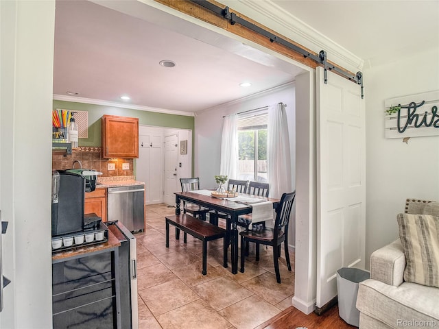 1454 Stephens Ave, Flint, MI 48507 - dining space with a barn door, crown molding, beverage cooler, light tile patterned floors, and recessed lighting