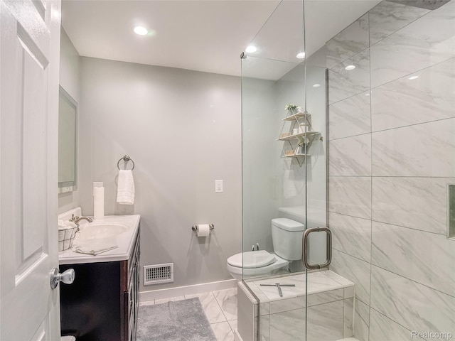 1454 Stephens Ave, Flint, MI 48507 - bathroom with vanity, marble look tiles, a shower with shower door, and recessed lighting