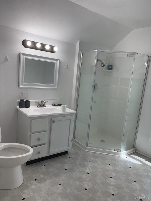 2024 Cooper Ave, Saginaw, MI 48602 - bathroom featuring a shower stall, vanity, tile patterned floors, and vaulted ceiling