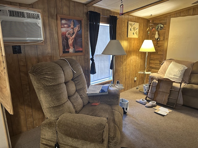 3245 W Leisura Loop, Baldwin, MI 49304 - living area with wooden walls, carpet floors, a wall unit AC, and healthy amount of natural light