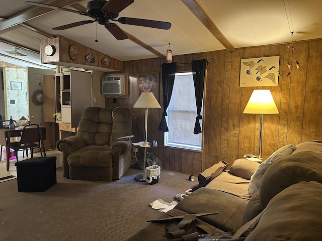 3245 W Leisura Loop, Baldwin, MI 49304 - carpeted living area with wood walls, a wall mounted air conditioner, and a ceiling fan