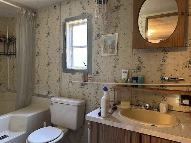 3245 W Leisura Loop, Baldwin, MI 49304 - bathroom featuring shower / bath combination with curtain, vanity, decorative backsplash, and wallpapered walls