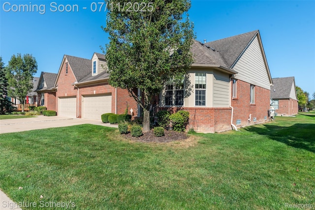 49866 Sleeping River Dr, Macomb, MI 48042 - view of front of house featuring brick siding, a front lawn, an attached garage, concrete driveway, and a residential view