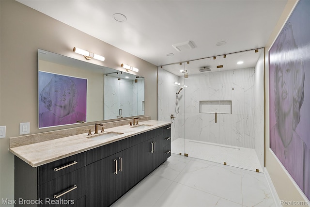 3546 Bloomfield Club Dr, Bloomfield Hills, MI 48301 - bathroom featuring marble finish floors, a marble finish shower, and double vanity