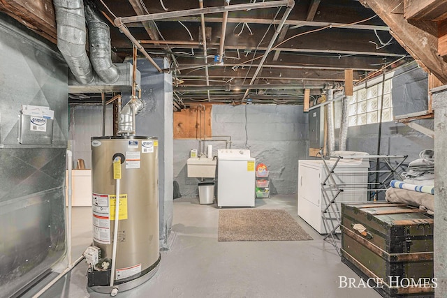 1035 Fountain St NE, Grand Rapids, MI 49503 - below grade area featuring gas water heater, independent washer and dryer, electric panel, and heating unit