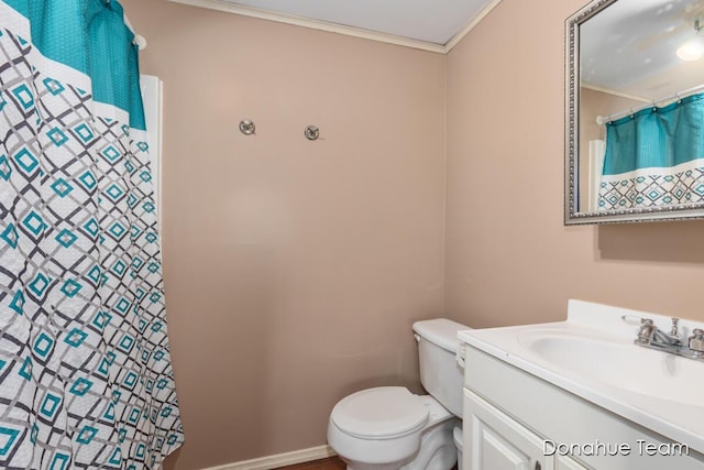4875 Ferris Ave, Newaygo, MI 49337 - bathroom with vanity, ornamental molding, and a shower with curtain