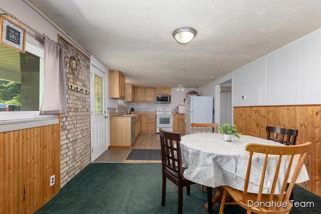 4875 Ferris Ave, Newaygo, MI 49337 - dining room featuring wooden walls, a textured ceiling, healthy amount of natural light, a wainscoted wall, and light carpet
