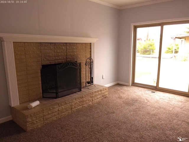 27354 Oakcrest Dr, Brownstown, MI 48183 - unfurnished living room featuring a fireplace, carpet, and ornamental molding