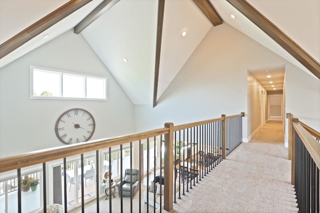 12529 E Tuscola Rd, Frankenmuth, MI 48734 - hall with high vaulted ceiling, beamed ceiling, recessed lighting, and carpet flooring
