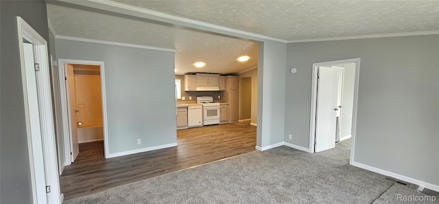 7102 Highlander Cir, Alma, MI 48801 - kitchen with white gas stove, carpet flooring, a textured ceiling, ornamental molding, and light countertops