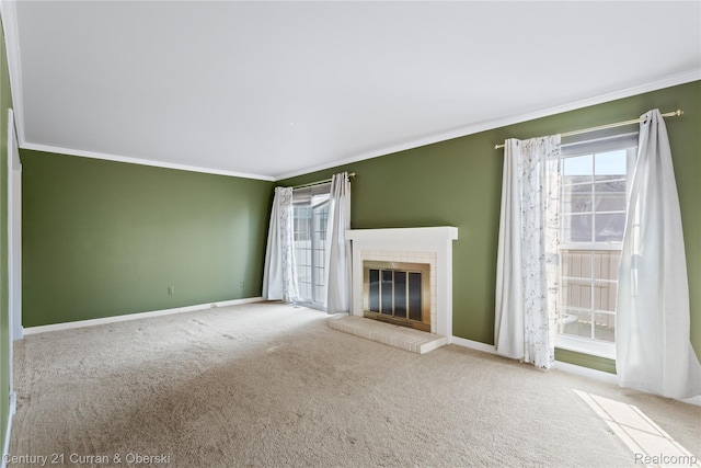 20918 W Glen Haven Cir, Novi, MI 48167 - unfurnished living room featuring crown molding, healthy amount of natural light, carpet, and a fireplace