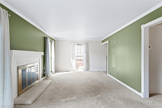 20918 W Glen Haven Cir, Novi, MI 48167 - unfurnished living room with crown molding, a brick fireplace, and carpet floors