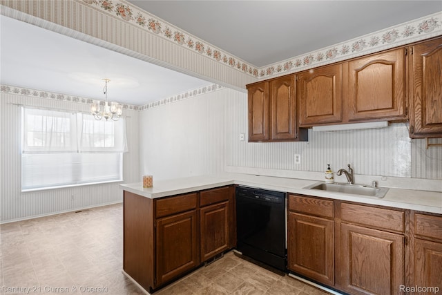 20918 W Glen Haven Cir, Novi, MI 48167 - kitchen featuring dishwasher, light countertops, a chandelier, and a peninsula