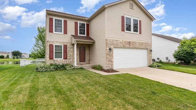 3244 Pine Run Dr, Swartz Creek, MI 48473 - traditional-style home with stone siding, an attached garage, and driveway