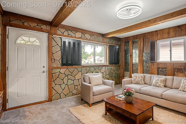 7536 Arcola St, Westland, MI 48185 - carpeted living area featuring beam ceiling and wooden walls