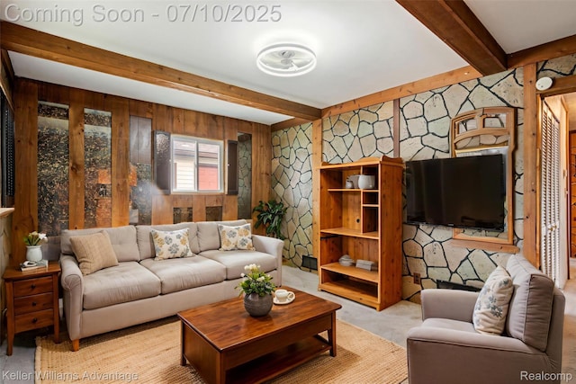 7536 Arcola St, Westland, MI 48185 - living room featuring beamed ceiling and wood walls