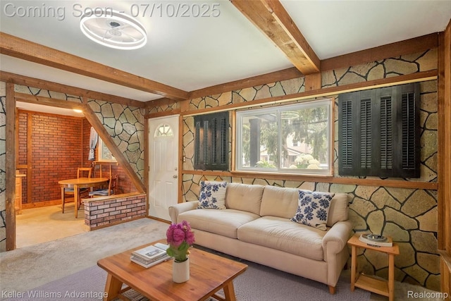 7536 Arcola St, Westland, MI 48185 - living area featuring beamed ceiling, stairs, and carpet flooring