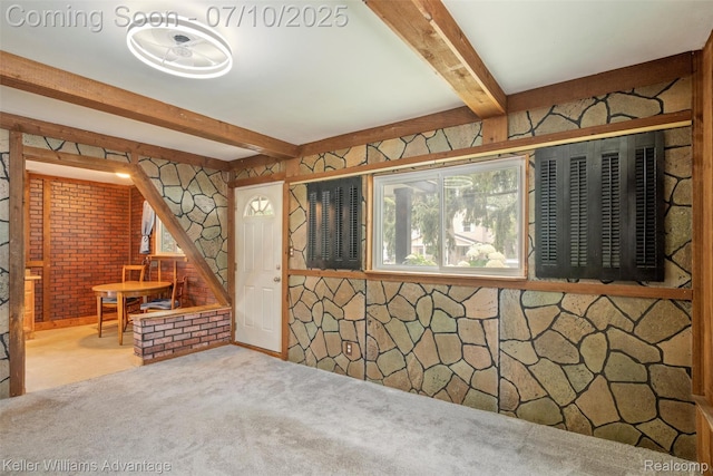 7536 Arcola St, Westland, MI 48185 - carpeted foyer entrance featuring beamed ceiling and stairway